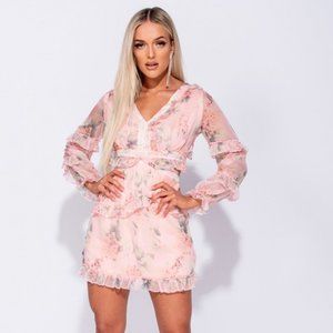 Pink Floral Tie Back Ruffle Trim Mini Dress